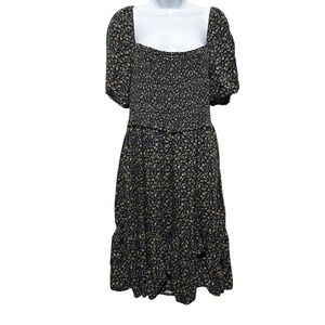 Time And Tru Womens Dress L‎ Navy Yellow Floral Puff Sleeve Smocked Midi Boho